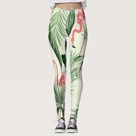 Pink Flamingo Exotic Blume Muster Leggings (Vorderseite)