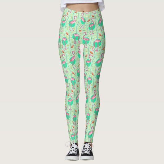 Pink Flamingo Ferns Tropical Green Summer Pattern Leggings (Vorderseite)