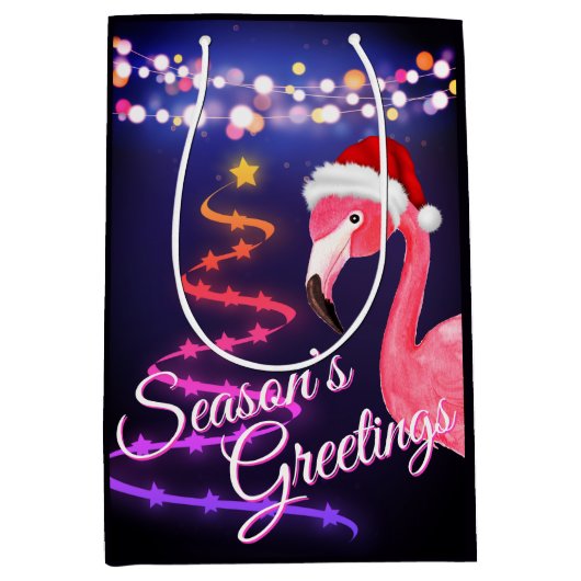 Pink Flamingo Festive Tropical Beach Weihnachten Mittlere Geschenktüte (Vorderseite)