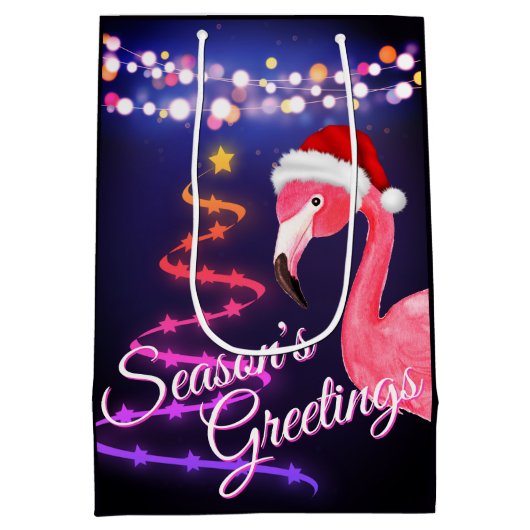 Pink Flamingo Festive Tropical Beach Weihnachten Mittlere Geschenktüte (Rückseite)