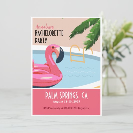 Pink Flamingo Float Bachelorette Einladung (Stehend Vorderseite)