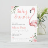 Pink Flamingo Floral Tropical Theme Babydusche Einladung (Stehend Vorderseite)