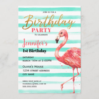 Pink Flamingo Geburtstagsparty mit Minzstreifen | Einladung