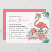 Pink Flamingo Gold Glitzer Kinderdusche Einladung (Vorne/Hinten)