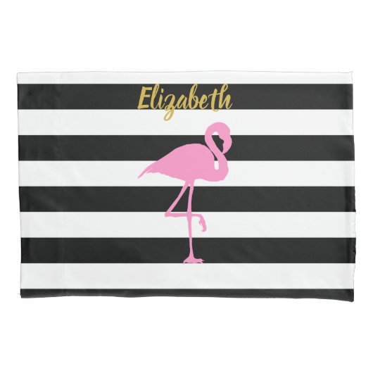 Pink Flamingo Gold Script Schwarz-weiße Streifen Kissenbezug (Vorderseite)
