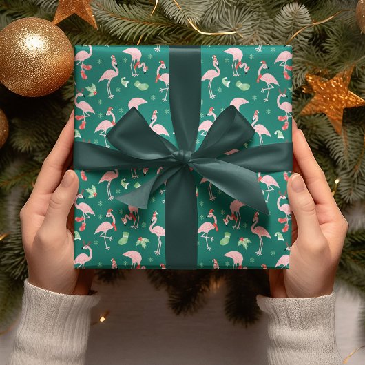 Pink Flamingo Green Weihnachtsfeiertag Muster Geschenkpapier