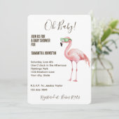 Pink Flamingo Green White Stripes Baby Dusche Einladung (Stehend Vorderseite)