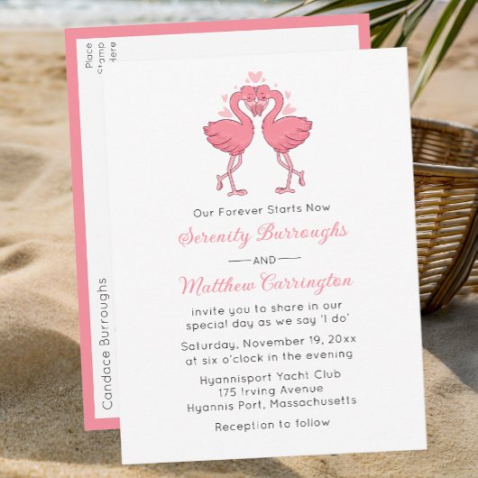 Pink Flamingo Hawaiian Tropical Beach Wedding Einladungspostkarte