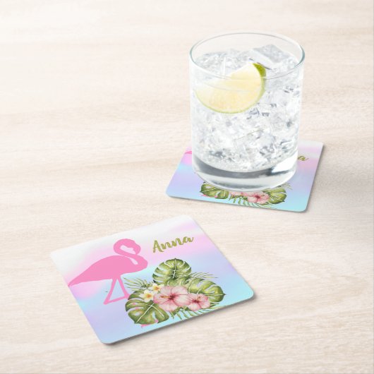 Pink Flamingo Hibiskus Holographic Rechteckiger Pappuntersetzer (Vor Ort)