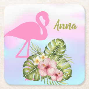 Pink Flamingo Hibiskus Holographic Rechteckiger Pappuntersetzer