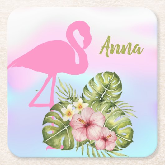 Pink Flamingo Hibiskus Holographic Rechteckiger Pappuntersetzer (Vorderseite)