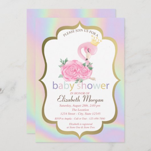 Pink Flamingo, Holographic Baby Shower Einladung (Vorne/Hinten)