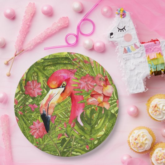 Pink Flamingo in Palm und Monsterle Pappteller (Party)