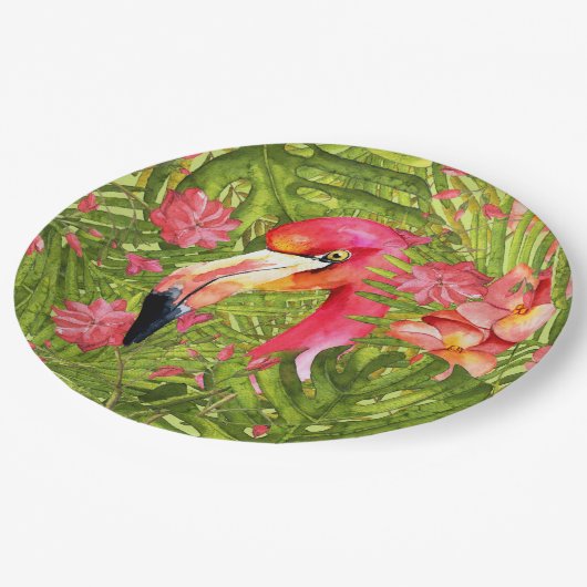 Pink Flamingo in Palm und Monsterle Pappteller (Schrägansicht)