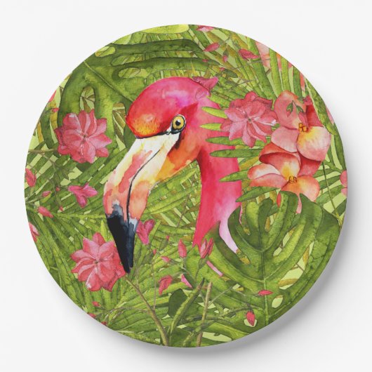 Pink Flamingo in Palm und Monsterle Pappteller (Vorderseite)