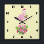 Pink Flamingo in Santa Hat Whimsical Christmas Quadratische Wanduhr<br><div class="desc">A clock with a tropical themed Christmas flamingo wearing a pink santa hat. Underneath its feet is a candy cane bouquet with pretty tropical flowers and pink berries. A sprig of holly on its chest.</div>