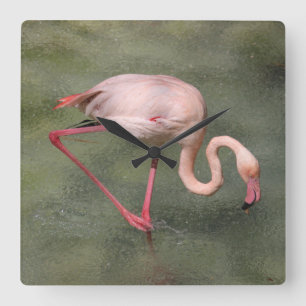 Pink Flamingo in Water Clock Quadratische Wanduhr