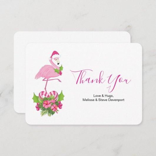 Pink Flamingo in Weihnachtsmannmütze Whimsisches W Dankeskarte (Vorne/Hinten)
