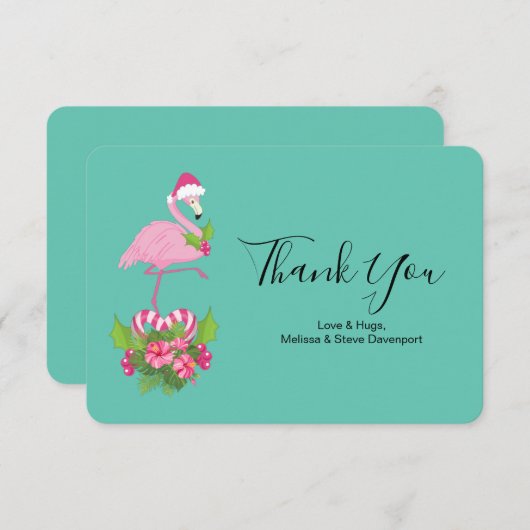 Pink Flamingo in Weihnachtsmannmütze Whimsisches W Dankeskarte (Vorne/Hinten)