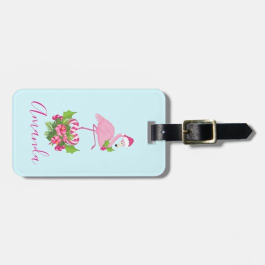 Pink Flamingo in Weihnachtsmannmütze Whimsisches W Gepäckanhänger (Vorderseite horizontal)