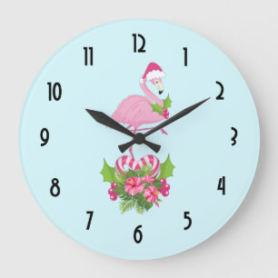 Pink Flamingo in Weihnachtsmannmütze Whimsisches W Große Wanduhr