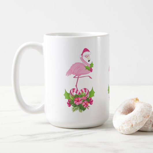 Pink Flamingo in Weihnachtsmannmütze Whimsisches W Kaffeetasse (Mit Donut)