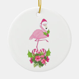 Pink Flamingo in Weihnachtsmannmütze Whimsisches W Keramik Ornament