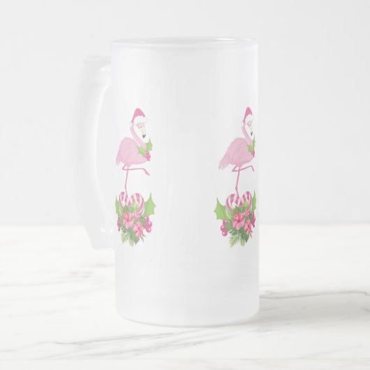 Pink Flamingo in Weihnachtsmannmütze Whimsisches W Mattglas Bierglas (Vorderseite Links)