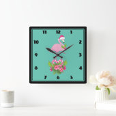 Pink Flamingo in Weihnachtsmannmütze Whimsisches W Quadratische Wanduhr (Zuhause)