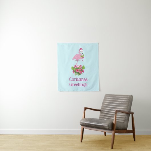 Pink Flamingo in Weihnachtsmannmütze Whimsisches W Wandteppich (Beispiel)