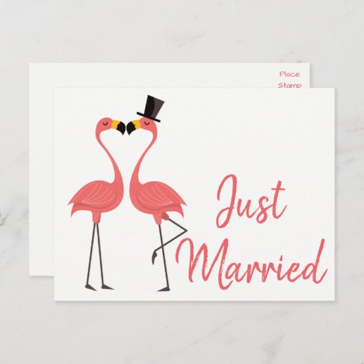 Pink Flamingo Just Married Tropical Wedding Liebe Ankündigungspostkarte (Vorne/Hinten)