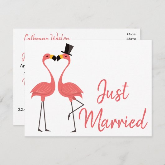 Pink Flamingo Just Married Tropical Wedding Liebe Ankündigungspostkarte (Vorne/Hinten)