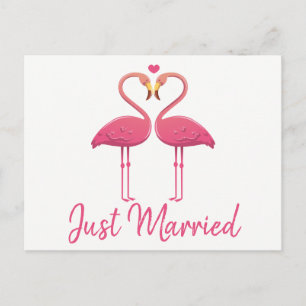 Pink Flamingo Just Married Tropical Wedical Beach Ankündigungspostkarte