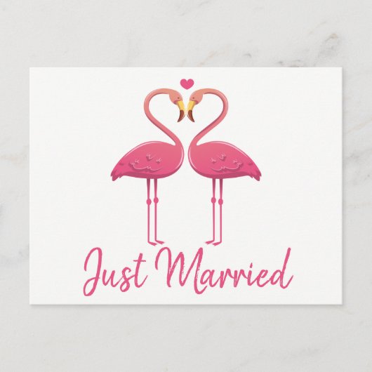 Pink Flamingo Just Married Tropical Wedical Beach Ankündigungspostkarte (Vorderseite)