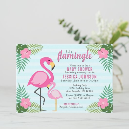 Pink Flamingo Kinderdusche Einladung (Stehend Vorderseite)