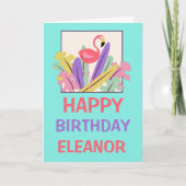 Pink Flamingo Leaf Name Happy Birthday Card Karte (Vorderseite)