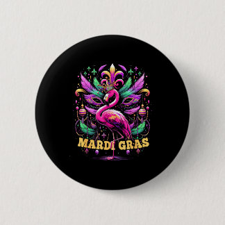 Pink Flamingo Mardi Gras Crown And Beads Mask Carn Button
