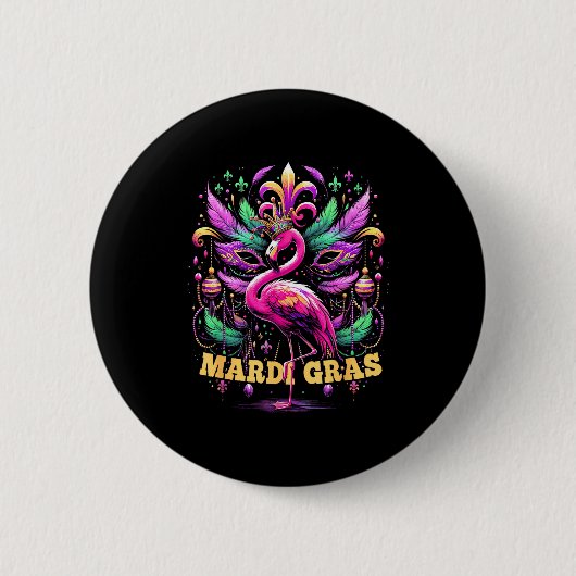 Pink Flamingo Mardi Gras Crown And Beads Mask Carn Button (Vorderseite)