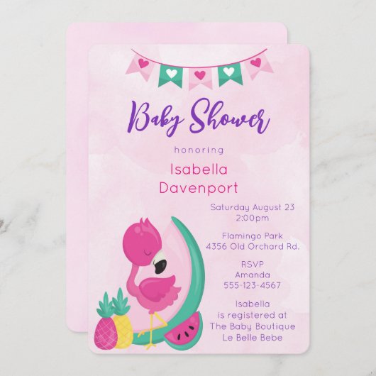 Pink Flamingo mit Ananas & Watermelon Dusche Einladung (Vorne/Hinten)