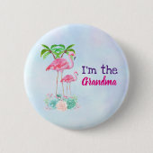 Pink Flamingo Momma & Baby mit Palmen Bäumen Button (Vorderseite)