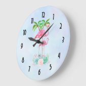 Pink Flamingo Momma & Baby mit Palmen Bäumen Große Wanduhr (Winkel)