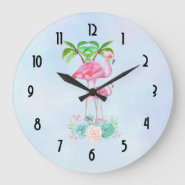 Pink Flamingo Momma & Baby mit Palmen Bäumen Große Wanduhr