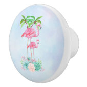 Pink Flamingo Momma & Baby mit Palmen Bäumen Keramikknauf (Rechts)