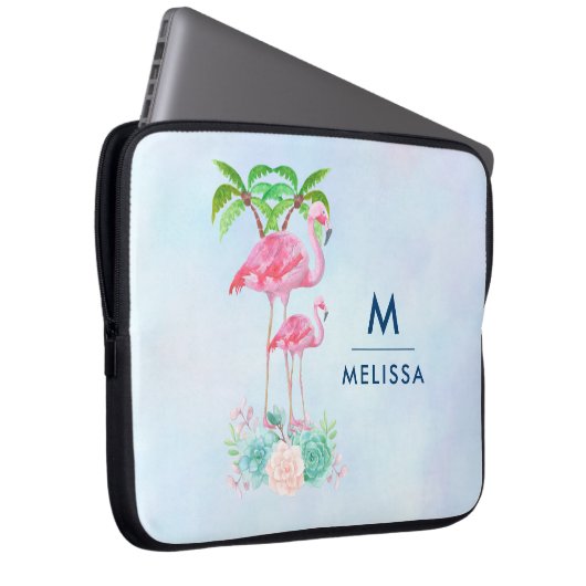 Pink Flamingo Momma & Baby mit Palmen Bäumen Laptopschutzhülle (Vorne Rechts)
