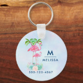 Pink Flamingo Momma & Baby mit Palmen Bäumen Schlüsselanhänger (Vorderseite)