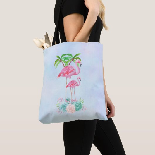 Pink Flamingo Momma & Baby mit Palmen Bäumen Tasche (Von Nahem)