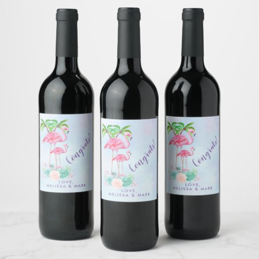 Pink Flamingo Momma & Baby mit Palmen Bäumen Weinetikett (Flaschen)