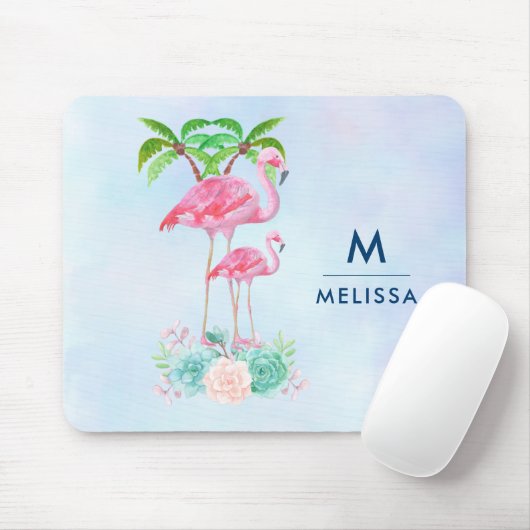 Pink Flamingo Momma & Baby mit Palmen nach Maß. Mousepad (Mit Mouse)