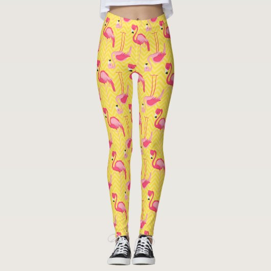 Pink Flamingo Muster auf den Gelben Leggings (Vorderseite)