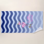 Pink Flamingo Navy Blue Strip Waves Strandtuch (Vorderseite)